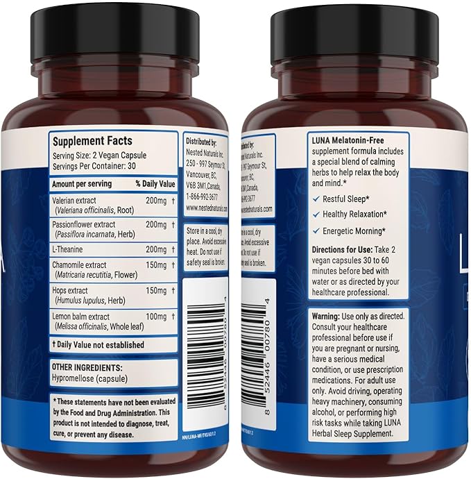 Nested Naturals Luna Sleep Supplement, Melatonin Free, Non-Habit Forming Herbal Sleep Supplement, Adult Bedtime Support, Help Sleeping w/Chamomile, Valerian, L-Theanine, 60 Vegan Capsules