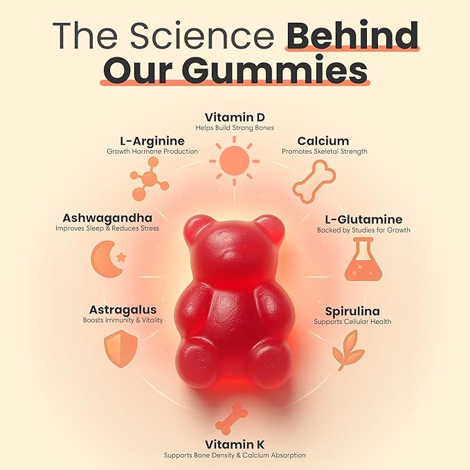 Talltitude Growth Gummies - Natural Height Support & Bone Strength Supplement for Kids & Teens with Vitamin D, Calcium, Ashwagandha, L-Arginine - 60 Gummies