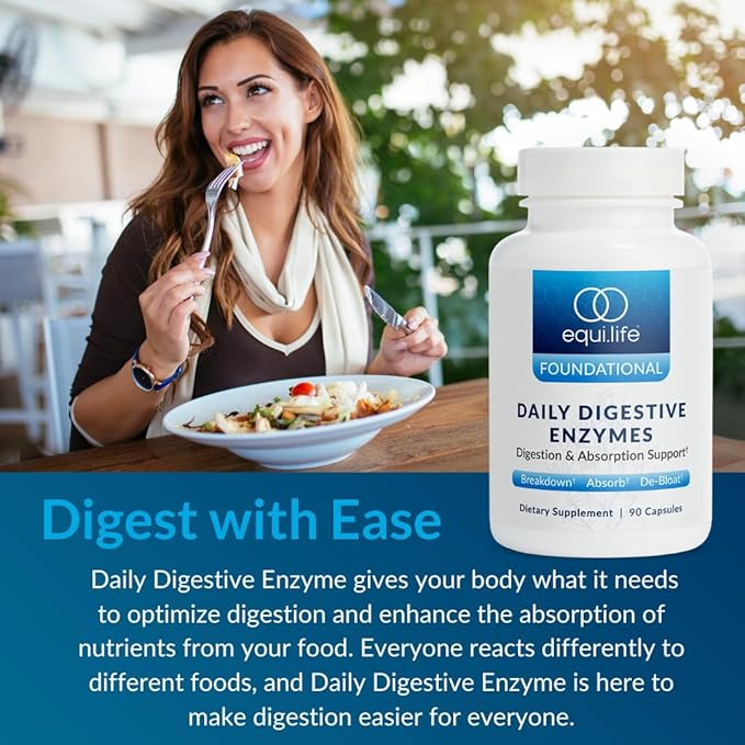 Equilife Daily Digestive Enzyme Supplement with Bromelain, Lactase, and Lipase, Supports Digestion of Protein, Fiber, Carbs and Fats, Gluten Free, Vegan, Non-GMO, 90 Capsules