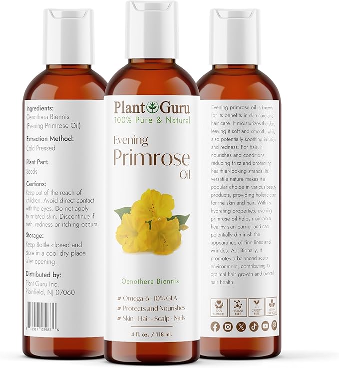 Evening Primrose Oil 4 fl. oz. Cold Pressed 100% Pure Natural Carrier - Skin, Face, Body and Hair Growth Moisturizer. Great for DYI Soap Making, Creams, and Lip balms.