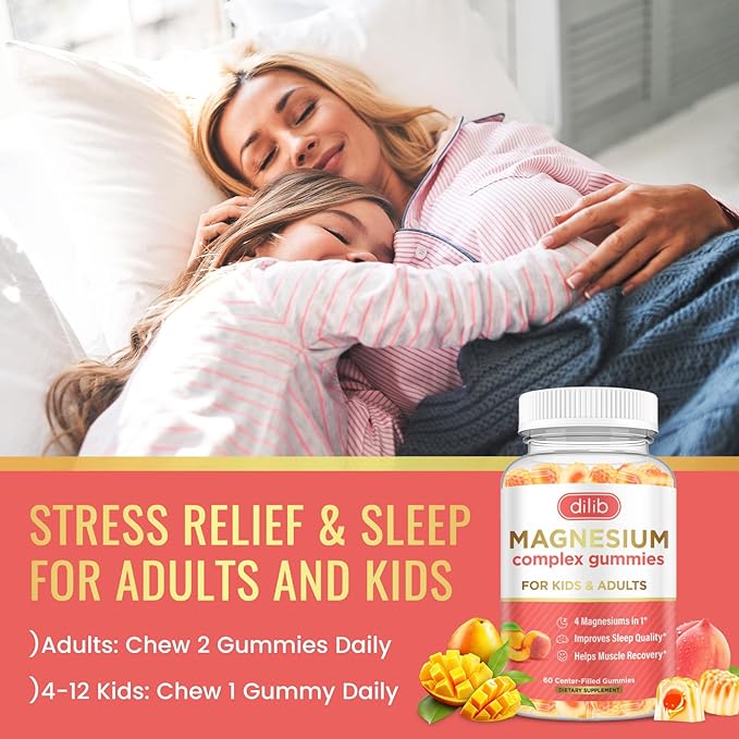 Magnesium Complex Gummies for Kids & Adults- Magnesium Glycinate, Taurate, Citrate, Malate Supplement-Support Calm Stress Relief, Bone, Muscle, Mood Vegan, Peach & Mango Flavor, 60 Gummies