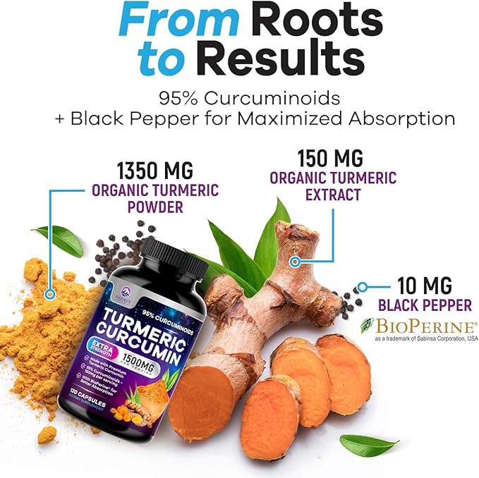 Turmeric Curcumin Supplement - 1350mg Organic Turmeric Per Serving - 95% Curcuminoids & BioPerine Black Pepper Extract for Best Absorption - Natural Vegan Joint Support, Bottled in USA - 120 Capsules