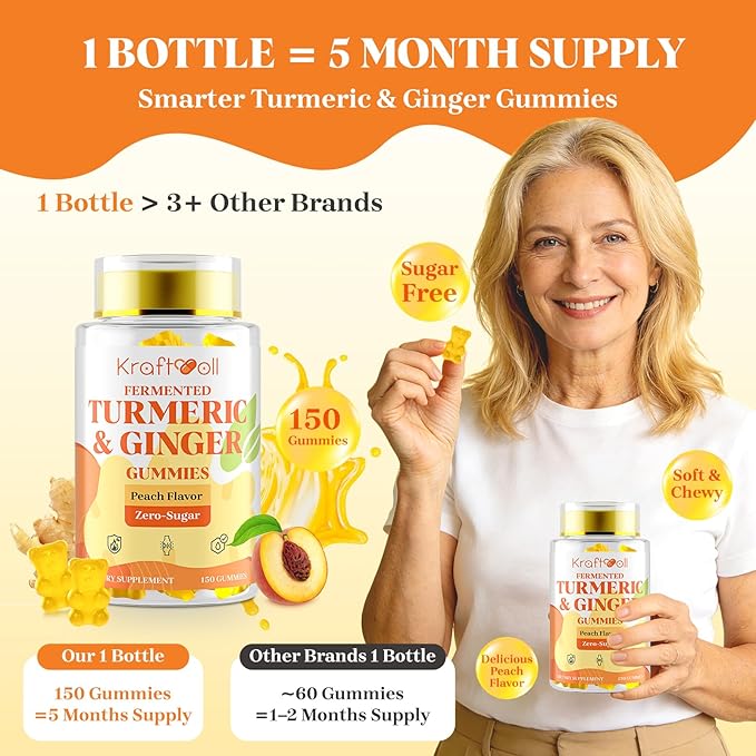 Turmeric Curcumin with Ginger Gummies, Vegan Formula with Fermented Turmeric & Black Pepper, Joint Comfort & Mobility, Sugar-Free with Vitamin D3 + K2, Natural Peach Flavor – 150 Gummies (2 Bottles)