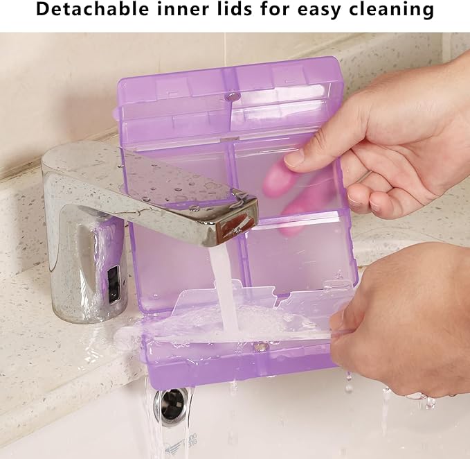 FYY Daily Pill Organizer,7 Compartments Portable Pill Case Travel Pill Organizer,[Folding Design] Large Pill Box for Purse Pocket to Hold Vitamins,Cod Liver Oil,Supplements and Medication-Clear Purple