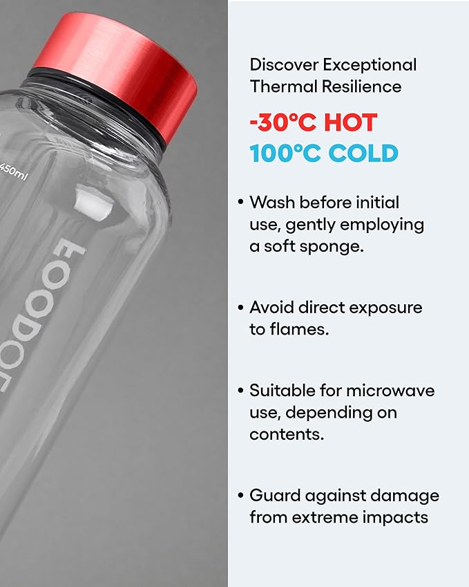 FOODOLOGY Bottle for Drink Mix (Red, 16.9fl oz) - Leak Proof, Lightweight, Durable Sports Water Bottle. Reusable for Gym, Outdoor, Travel. BPA Free, Clear Beverage Container with Marker
