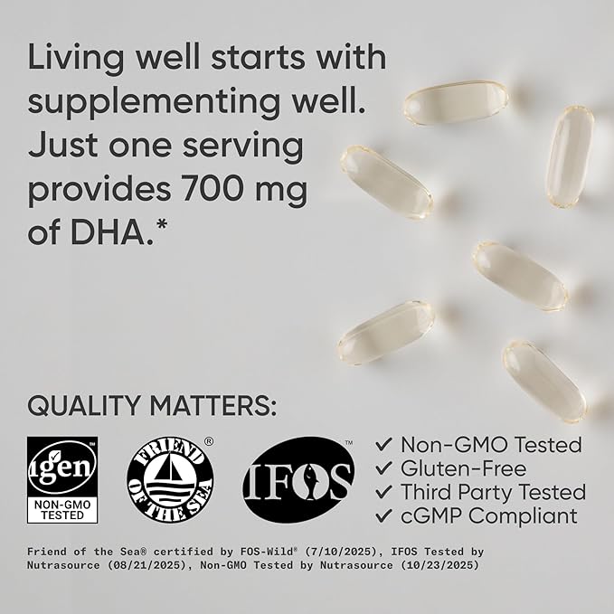 Sports Research® DHA Omega-3 Fish Oil 700 mg – Single Source Wild-Caught Fish – Supports Brain Health* – Burpless, Non-GMO, Gluten-Free, Sustainably Sourced – 90 Softgels