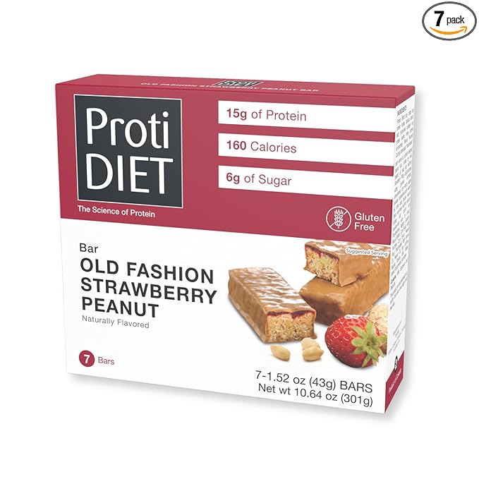 ProtiDIET Old Fashioned Strawberry & Peanuts Protein Bar, 15g Protein, Low Calorie, Low Carb, Low Sugar, High Fiber, No Gluten Ingredients, KETO Friendly, Ideal Protein Compatible, 7/ Box