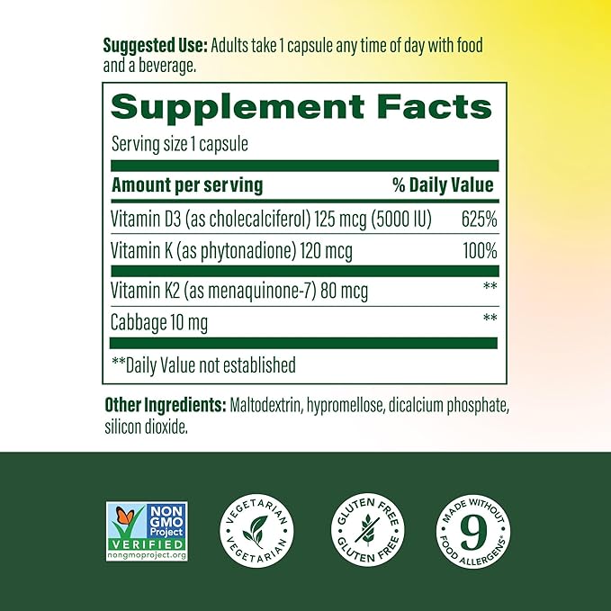 MegaFood Vitamin D3 5000 IU (125 mcg) - Vegetarian Supplements with Vitamin D3 K2 - Supports Bones, Teeth, Muscles & Immune Health - Certified Non-GMO - 60 Mini Capsules, 60 Servings