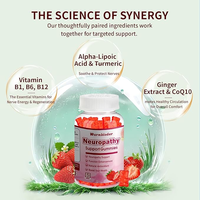 Sugar Free Neuropathy Support Gummies for Nerve – Enhanced Nerve Health, Regeneration, Cognitive Support with Vitamin B1, B6, B12, Magnesium, ALA, Turmeric, CoQ10 & More