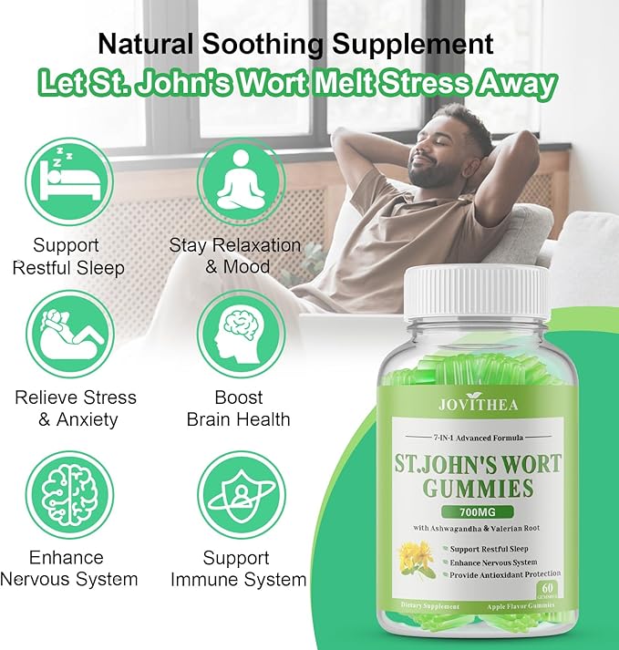 St John's Wort Gummies 700mg, Natural Herbal Supplement for Adults & Kids, Support Calm, Relaxation & Brain Health, Vegan, Non-GMO, Gluten Free, Apple Flavor, 60 Count