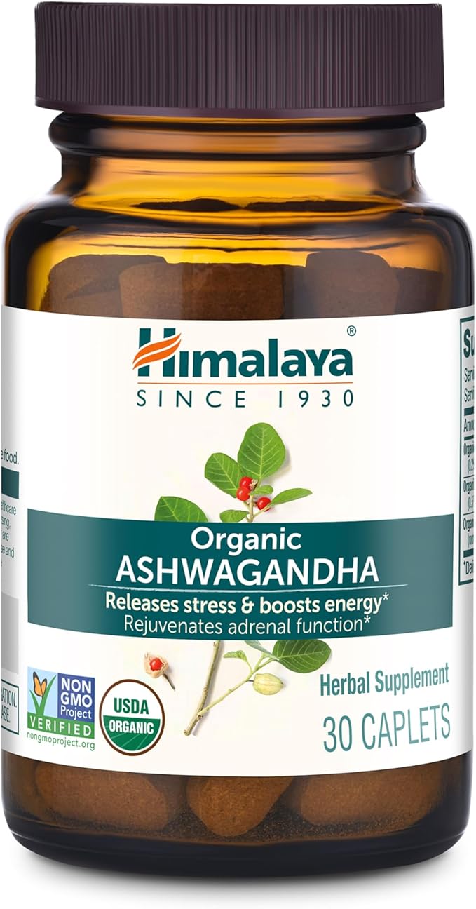 Himalaya Organic Ashwagandha Root, 30 Day Supply - Herbal Adrenal Support Supplements for Stress Relief and Energy Support - USDA Organic, Non-GMO, Vegan, Gluten Free, No Additives, 670 mg, 30 Caplets