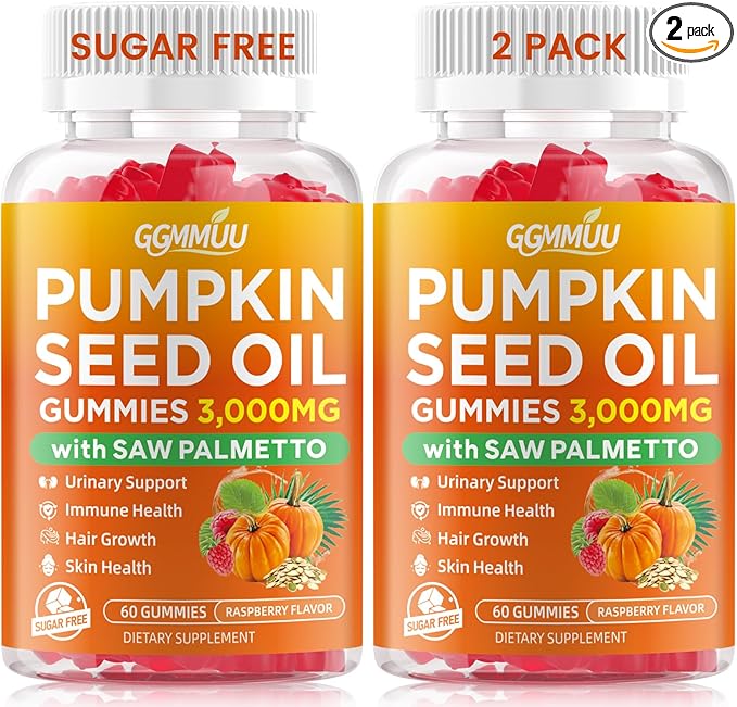 2 Pack Pumpkin Seed Oil Gummies with Saw Palmetto, 3000mg Per Serving Pumpkin Seed Oil Supplement for Hair Growth, Skin Health, High Pure Extract for Women & Men, Raspberry Flavor, 120 Count