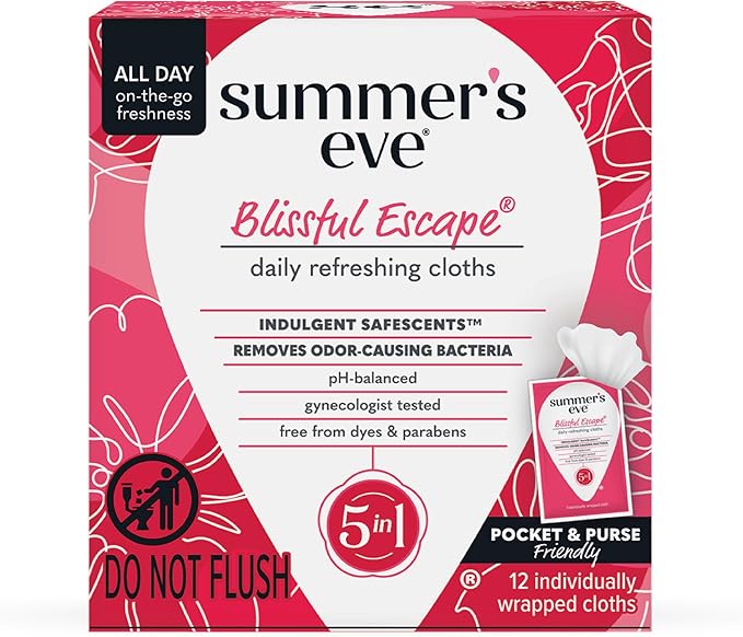 Summer's Eve Blissful Escape Feminine Wipes, Gentle pH-Balanced Formula Helps Control Vaginal Odor, Individually Wrapped Wipes, 12 Count