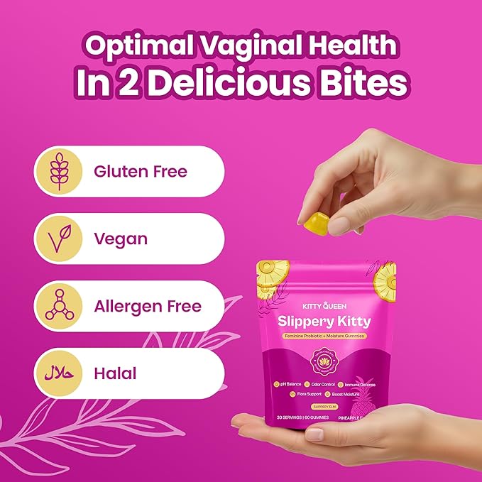 KITTYQUEEN Slippery Kitty Feminine Probiotic and Moisture Gummies, Pineapple Flavor, Women’s Probiotic Gummies for Vaginal Health, pH Balance, Odor Control, Flora Support and Moisture Boost, 60 Count