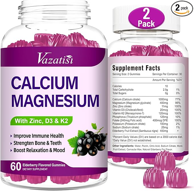 Calcium Magnesium Zinc Gummies with Vitamin D3 and K2, High Absorption Magnesium Glycinate Potassium for Immune and Muscles, Vegan Elderberry Flavor 120 Gummies