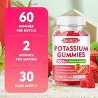 Potassium Gummies, Potassium Bicarbonate Supplement for Adults & Kids, Potassium Supplement for Electrolyte Balance & Muscle Heath, Sugar-Free, Strawberry Flavor, 60 Count