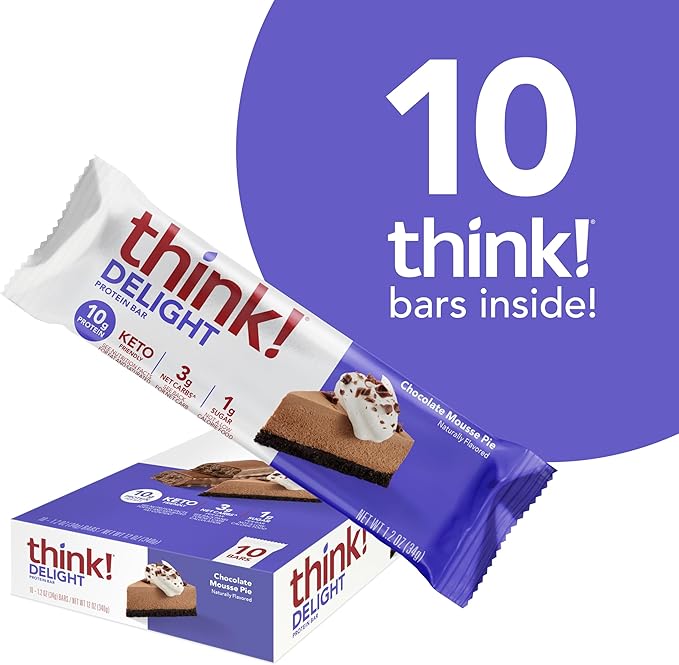 think! Delight, Keto Protein Bars, Healthy Low Carb, Gluten Free Snack - Chocolate Mousse Pie, 10 Count (Packaging May Vary)