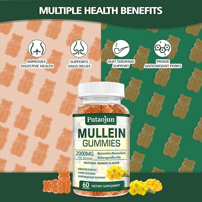 2 Packs Organic Mullein Gummies for Lungs, 2000MG Mullein Leaf Extract Supplement | Quercetin, Bromelain for Respiratory & Immune Support | Vegan, Sugr-Free, Mango Flavor | 120 Count