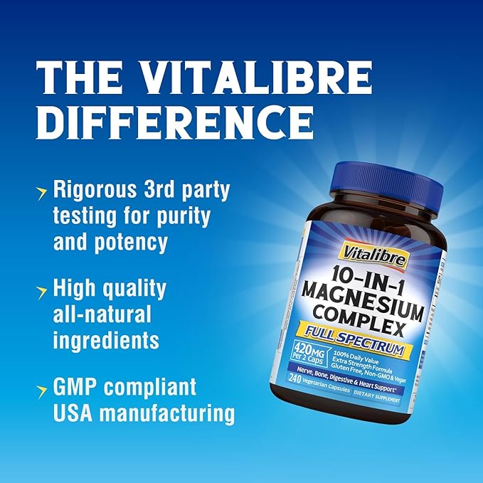 10 in 1 Magnesium Complex, 420mg Elemental Magnesium | Ultra Strength, Max Absorption | Chelated Magnesium Supplement for Nerves, Bone & Heart Health | Non-GMO, 240 Vegan Capsules