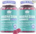 Magnesium Complex Gummies 400 mg for Women Men with Prebiotics and Probiotics, Triple Calm Magnesium Glycinate Malate Citrate Gummy Supplement for Relaxation & Digestive Health-Sugar Free, Vegan 120ct
