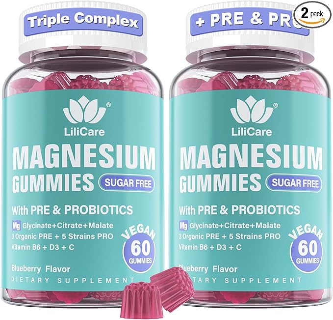 Magnesium Complex Gummies 400 mg for Women Men with Prebiotics and Probiotics, Triple Calm Magnesium Glycinate Malate Citrate Gummy Supplement for Relaxation & Digestive Health-Sugar Free, Vegan 120ct