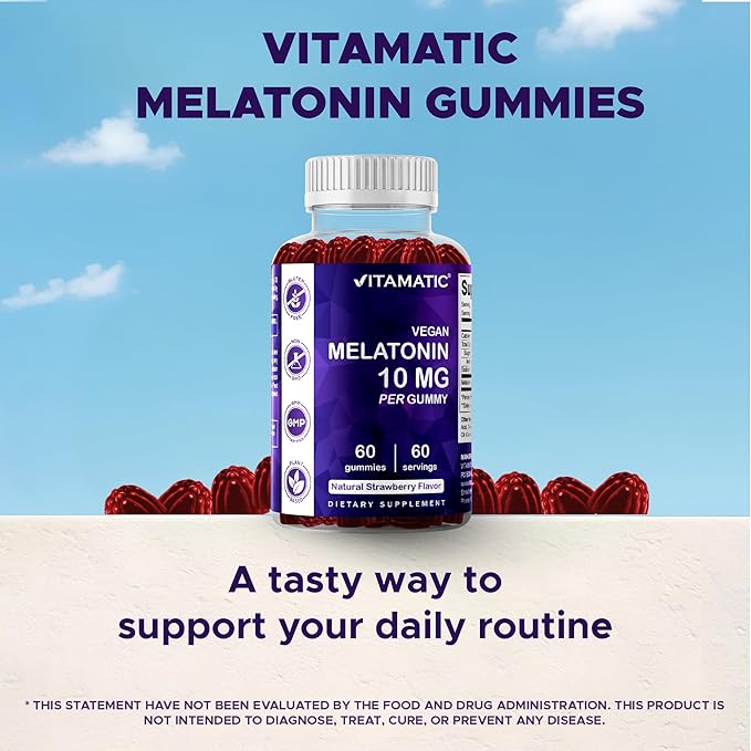 Vitamatic Melatonin 10 mg Vegetarian Gummies – Non-Habit Forming – 60 Gummies per Bottle – 4-Pack (Total 120 Vegan Gummies)