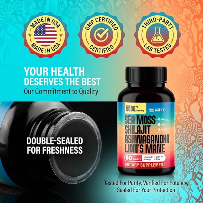 KJHD Shilajit Ashwagandha Gummies with Sea Moss, Beet Root, Lion’s Mane Mushroom & Black Seed Oil – Organic Herbal Superfood Supplement – 60 Vegan Gummies