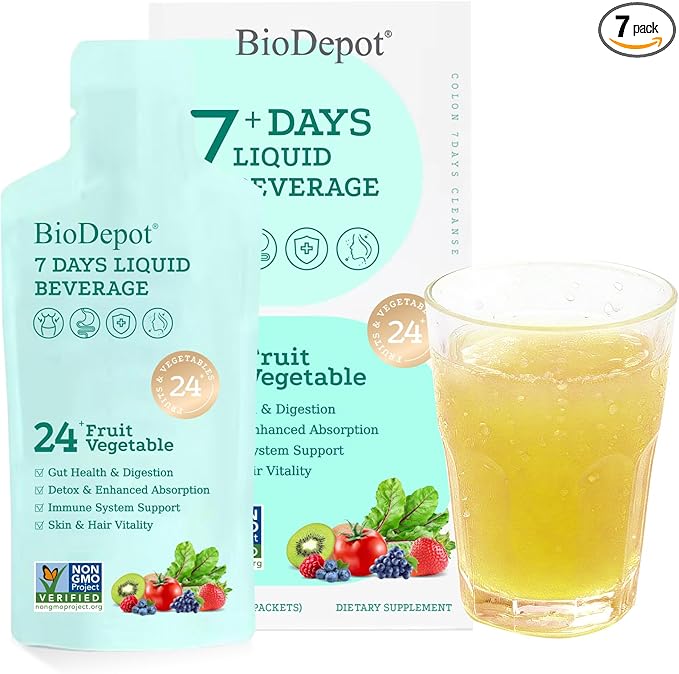 7 Days Colon Cleanse Liquid Beverage Gut Health Detox & Clean for Women & Men, 24 Fruit Vegetable Complex Probiotic Drink for Bowel Movements, Immune Support, Gut Flora Improvemen Supplement