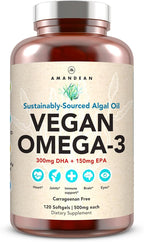 AMANDEAN Vegan Omega 3 Supplement. Premium Fish Oil Alternative. Algae DHA & EPA. Carrageenan Free Softgels. Algal Essential Fatty Acids. Plant Based Heart, Brain, Eye, Skin, Immune Support. (120ct)