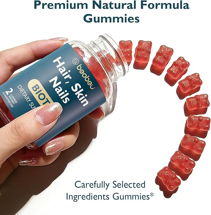 Hair Skin and Nails Biotin Gummies, Supports Hair Growth, Healthy Skin & Stronger Nails, Vegan Hair Vitamins for Women & Men, 30 Day Supply, Raspberry, 60 Count
