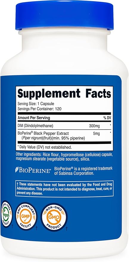 Nutricost DIM (Diindolylmethane) Plus BioPerine 300mg, 120 Vegetarian Capsules - Up to 4 Month Supply, Max Strength DIM Supplement