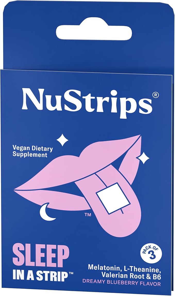 NuStrips™ Fast-Dissolving Sleep Strips with 5mg Melatonin, Valerian Root, L-Theanine & Vitamin B6 – Blueberry Flavor - Natural Sleep Aid, Vegan, Non-GMO, Gluten Free – Fall Asleep Fast (3 Strips)