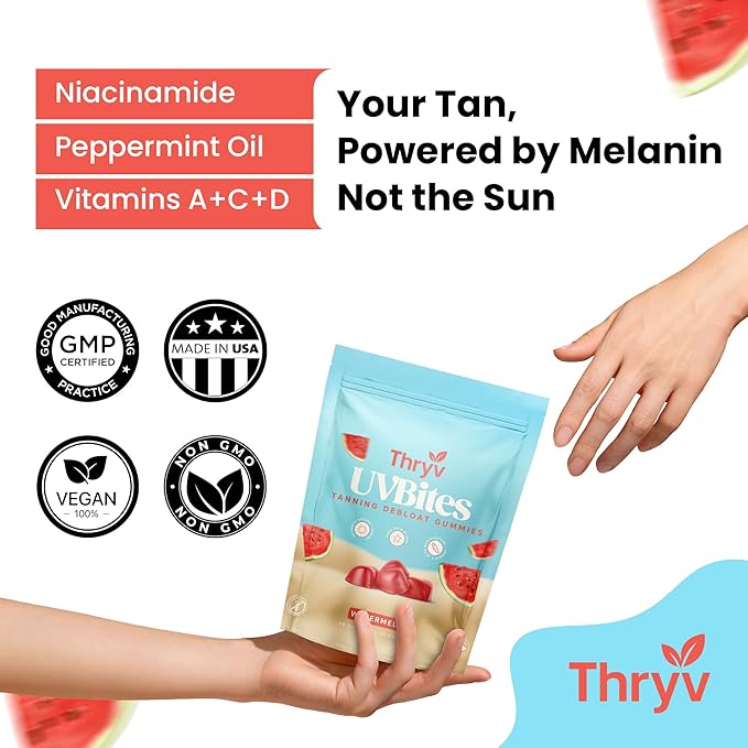 UVBites - Tanning Gummies - Self Tan Supplement - Tanning Pill - Fast Acting & Debloating Melanin Supplement with Beta Carotene, Astaxanthin, Niacinamide - Glow Up Skin (60 Count, Watermelon)