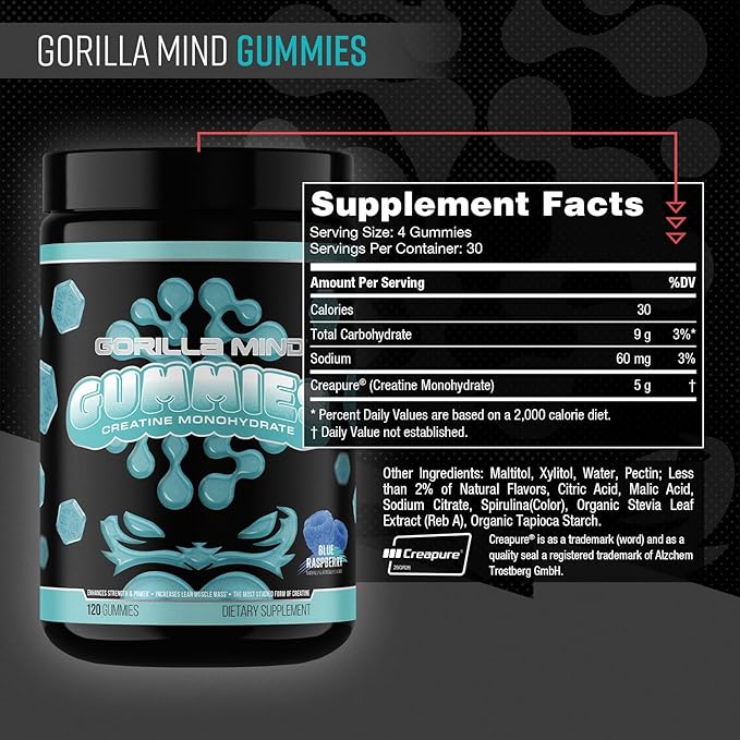 Gorilla Mind Creatine Gummies - Third-Party HPLC Tested | 5g Creapure® Creatine Monohydrate | Verified Potency & Purity | Strength · Power · Lean Muscle | No Added Sugar | Blue Raspberry Flavor