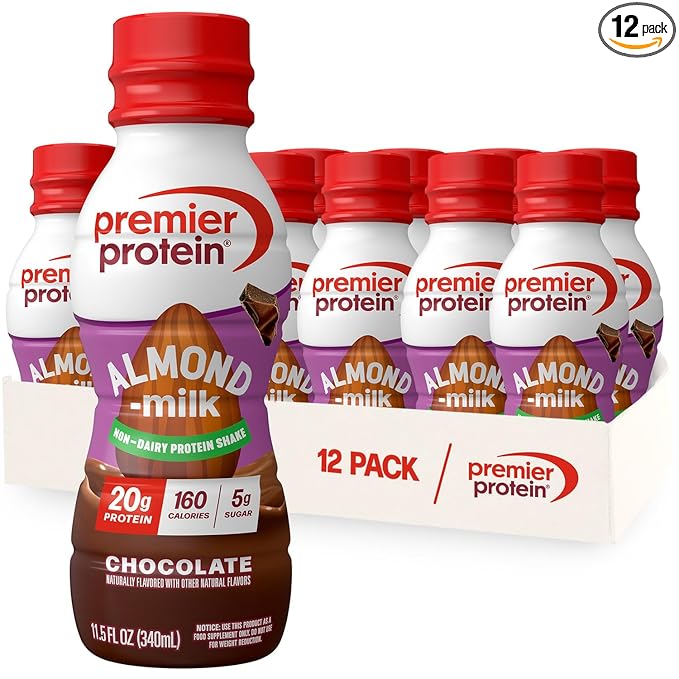 Premier Protein Non-Dairy Plant Based Almondmilk Protein Shake, Chocolate, 20g Protein, 5g Sugar, 11.5 Fl oz, 12 Count