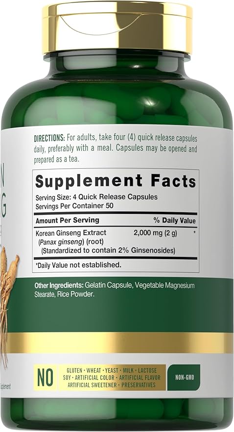 Carlyle Korean Ginseng Capsules | 2000mg Extract | 200 Count | Non-GMO and Gluten Free Formula | Standardized Panax Ginseng Supplement
