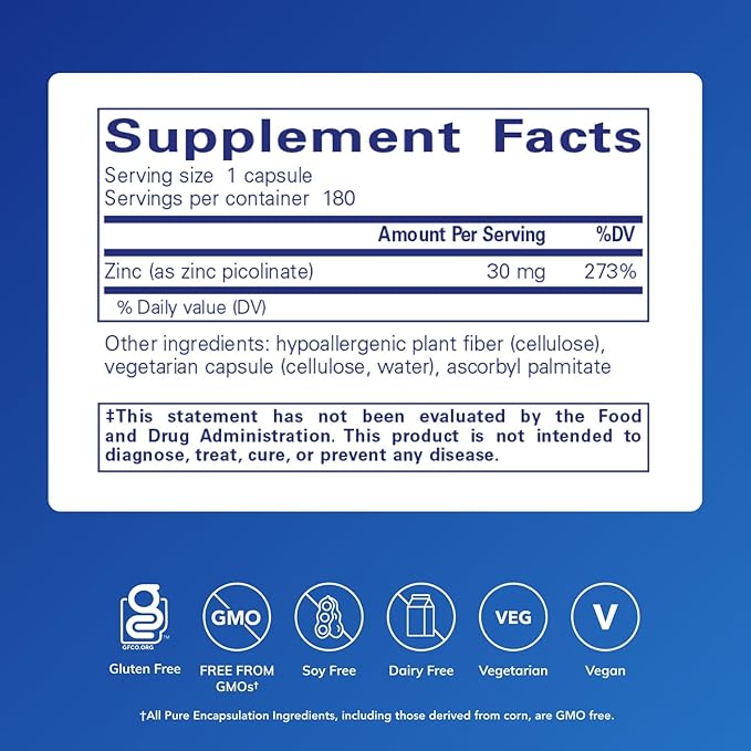 Pure Encapsulations Zinc 30 mg - Supplement for Immune System Support, Growth and Development, and Wound Healing* - with Zinc Picolinate 30 mg - 180 Capsules