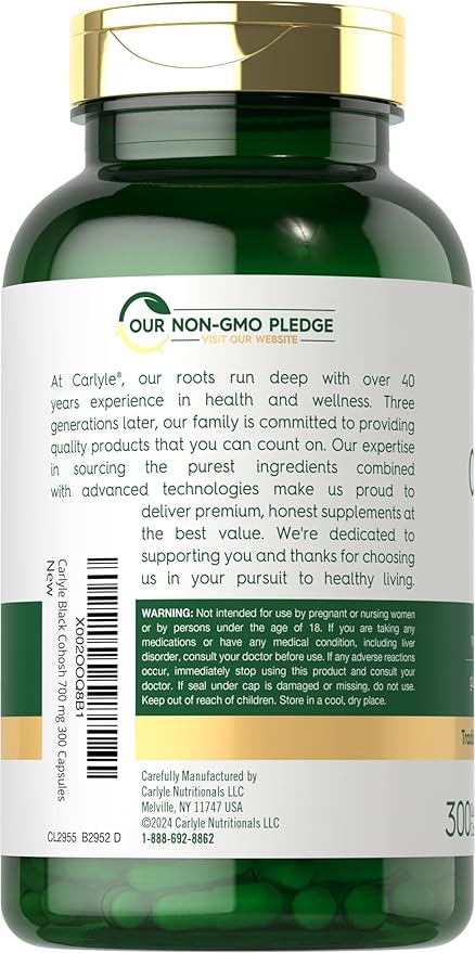 Carlyle Black Cohosh Capsules | 300 Count | Non-GMO, and Gluten Free Formula | Black Cohosh Root Extract Supplement