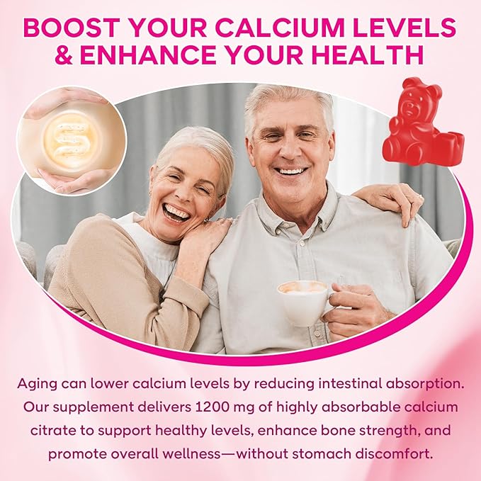 2 Pack Calcium Citrate Gummies 1200 mg - High Absorption Calcium for Strong Bones, Muscles & Immune Support - Vegan, Non-GMO, Natural Strawberry Flavor, 120 Count