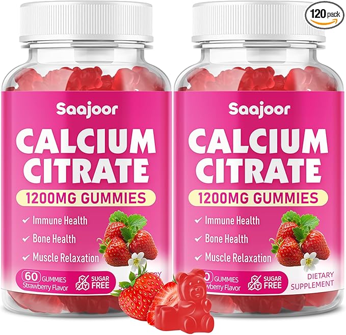 2 Pack Calcium Citrate Gummies 1200 mg - High Absorption Calcium for Strong Bones, Muscles & Immune Support - Vegan, Non-GMO, Natural Strawberry Flavor, 120 Count