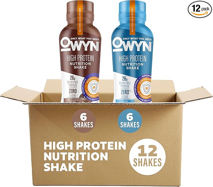 OWYN Only What You Need High Protein Shake, Chocolate and Vanilla Flavored, 26g Protein, 0g Sugar, 3g Fiber, Dairy Free, Plant Based Protein Drink, 12 Count