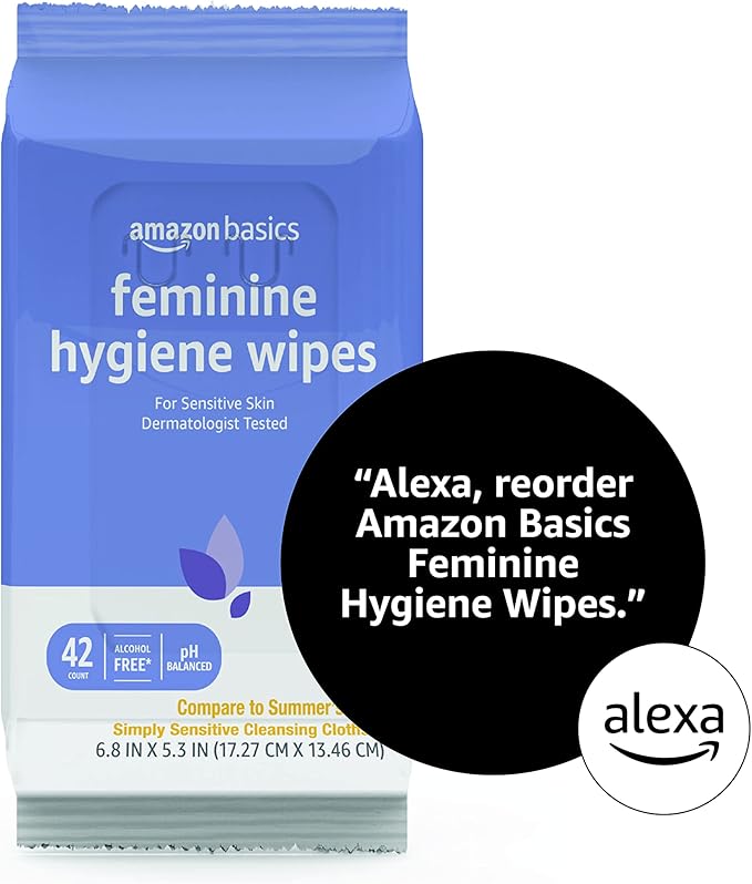 Amazon Basics Flushable Feminine Hygiene Wipes, pH Balanced, Gynecologist Tested, Septic and Sewer Safe, Fresh Scent, Alcohol Free, 168 Count (4 Packs of 42)
