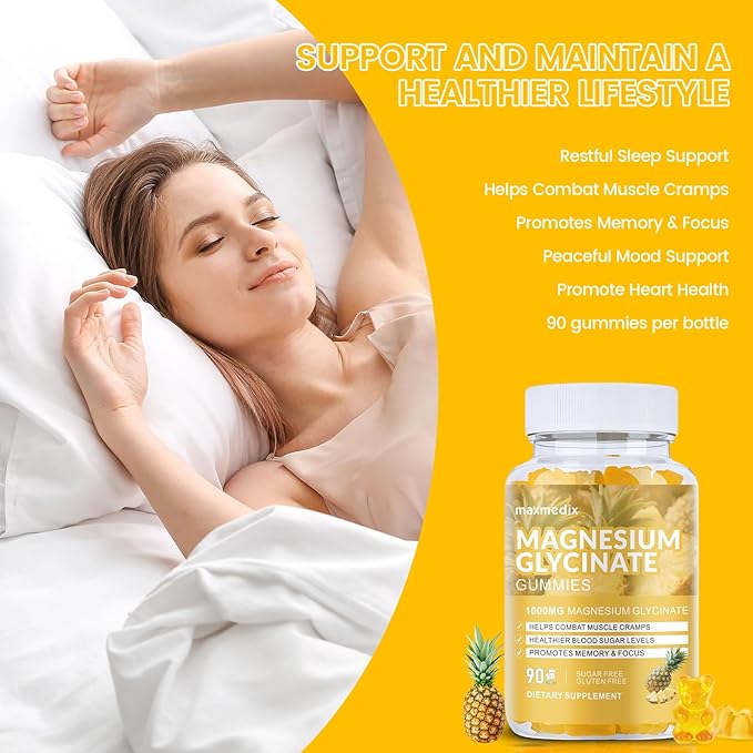 Magnesium Glycinate Gummies 1000mg, Sugar Free Magnesium Potassium Supplements Chewable for Adults with L-Threonate for Sleep, Body Support and Relaxation,90 Pineapple Gummies