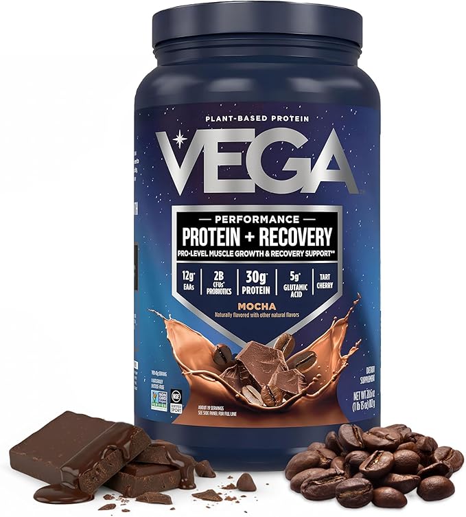 Vega Sport Vegan Protein Powder + Recovery - 30g Plant Based Protein per Serving, Mocha, 19 Servings, 5g BCAAs, Probiotics, NSF Certified, for Shakes & Smoothies, 1.8lbs (Packaging May Vary)