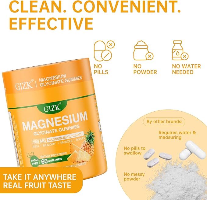 Magnesium Glycinate Gummies 500mg – Sugar Free Magnesium Gummies for Sleep, Stress, Muscle & Nerve Support – for Adults & Kids 4+, Vegan, No Melatonin (Pineapple Flavor, 60 Count)