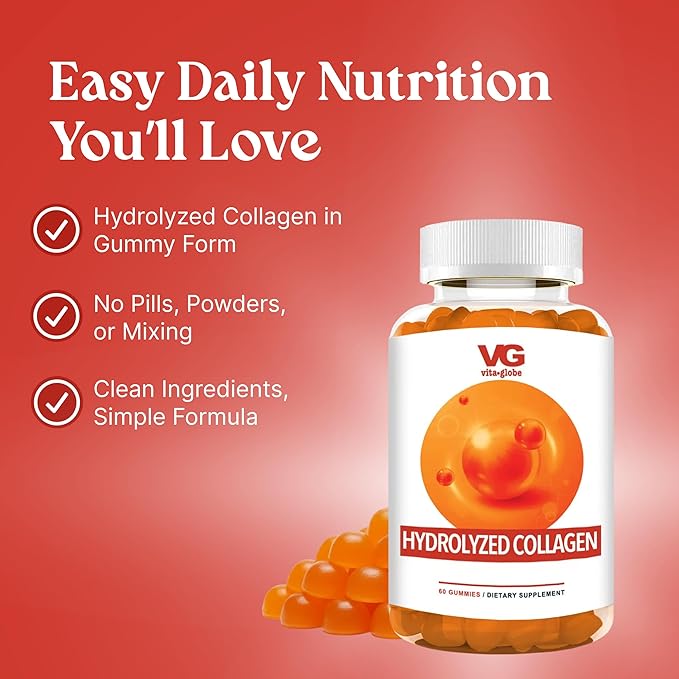 VITA GLOBE Collagen Gummies – 200mg Hydrolyzed Collagen Types I, II, III, V & X | Supports Hair, Skin, Nails, Joints & Bones | Non-GMO Daily Collagen Supplement for Adults – 120 Gummies (Pack of 2)