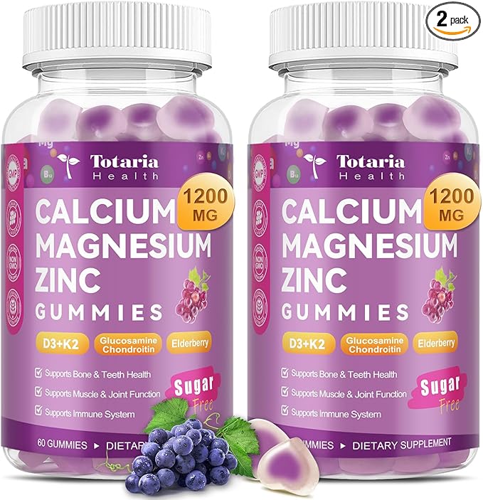 2 PCS Totaria Sugar Free Calcium Citrate Magnesium Zinc Gummies for Women Men, with D3, Boron, B12, Ashwagandha, 19-in-1 Ultimate Absorption Calcium 1200 mg Supplements for Bone, Muscle, Calm, Vegan