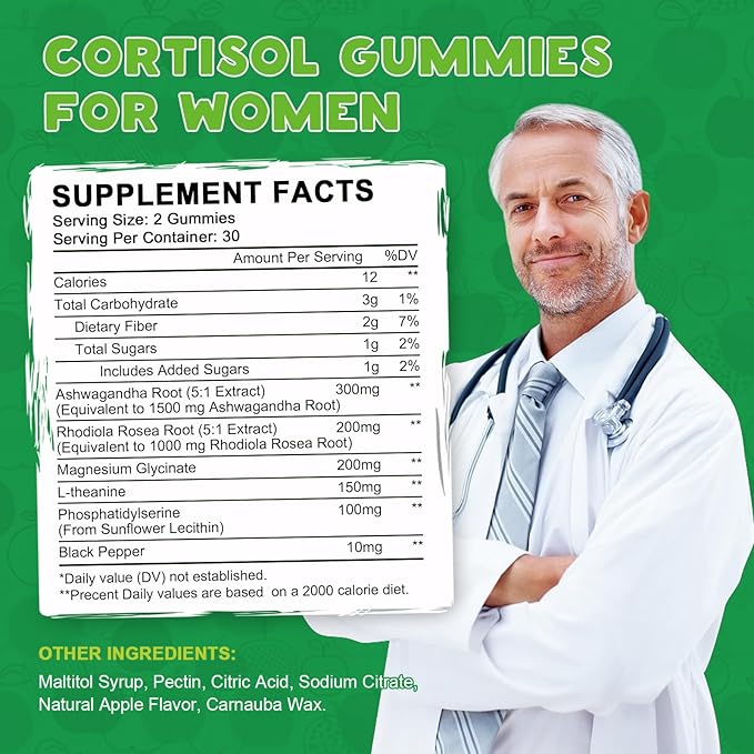 Cortisol Detox for Women Gummies, Cortisol Reducer Detox Manager, Magnesium Ashwagandha Rhodiola Rosea Herbal Complex for Mood/Focus & Sleep, Maintain Healthy Cortisol Levels - 30 Day Vegan Supply