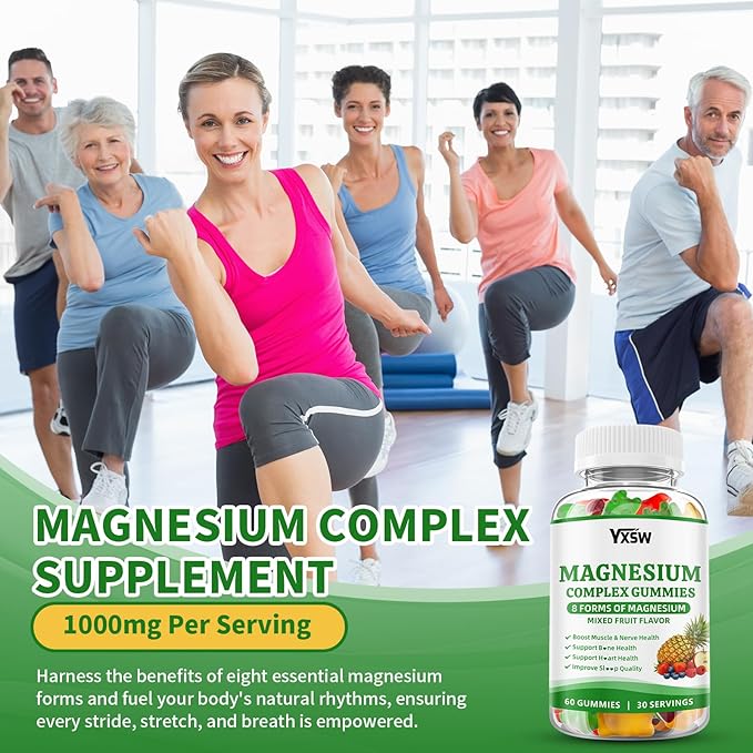 Magnesium Complex Gummies 8 Elemental 1000mg - Magnesium Glycinate, Citrate, Malate, Taurate, Supports Bones, Muscle, Nerve Health, for Women & Men, Vegan Non-GMO, Mixed Flavors, 60 Count