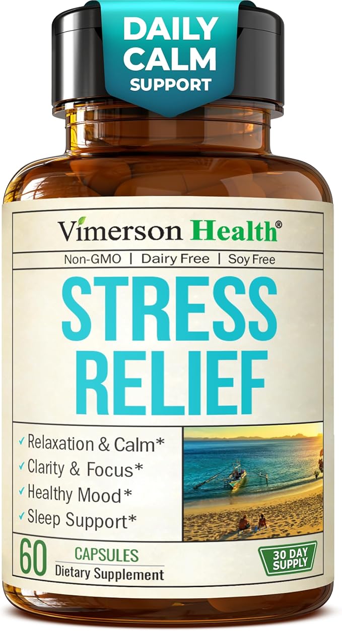 Stress Relief Supplement with 5HTP, Ashwagandha, Valerian, St John’s Wort, GABA, Chamomile & B-Vitamins - Promotes Relaxation, Sleep, Calm & Balanced Mood, Energy & Focus. Vegan, Non-GMO, 60 Capsules